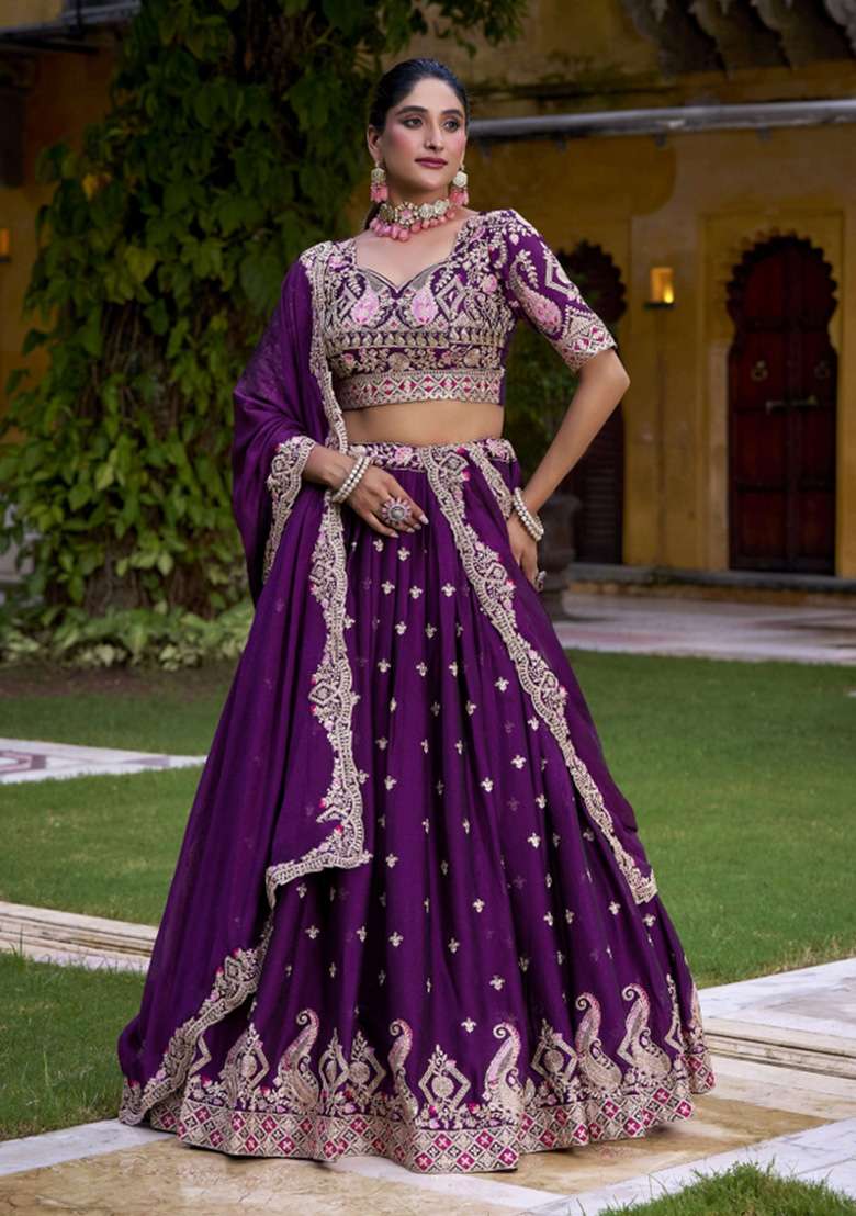 Purple Embroidered Tissue Lehenga Set - Indya