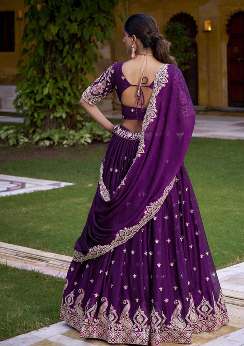 Purple Embroidered Tissue Lehenga Set - Indya