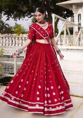Red Printed Chanderi Lehenga Set