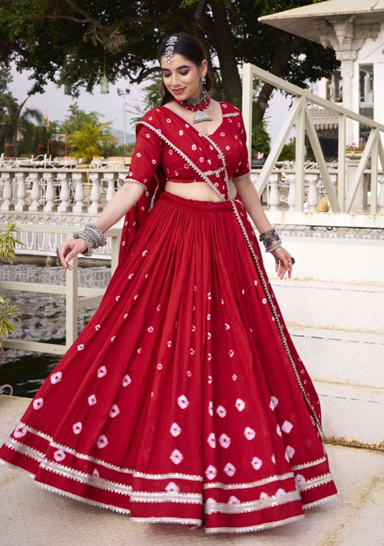 Red Printed Chanderi Lehenga Set - Indya