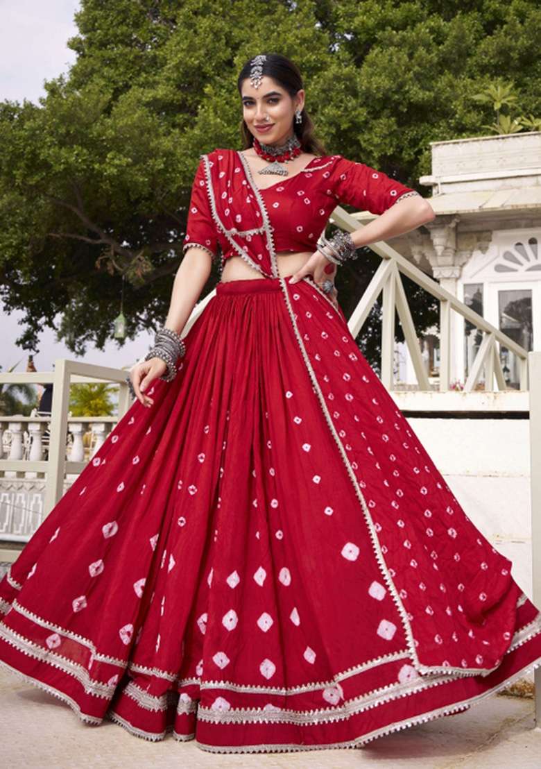 Red Printed Chanderi Lehenga Set - Indya