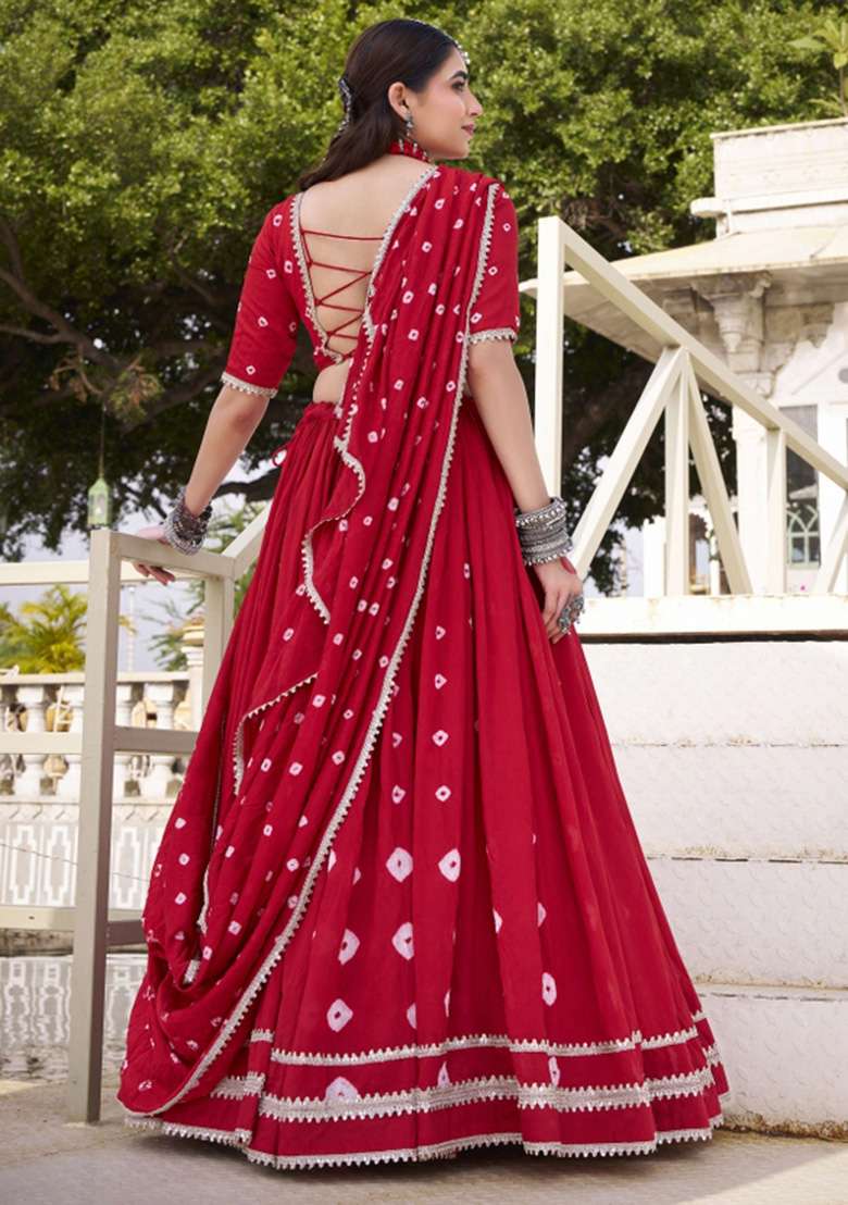 Red Printed Chanderi Lehenga Set - Indya