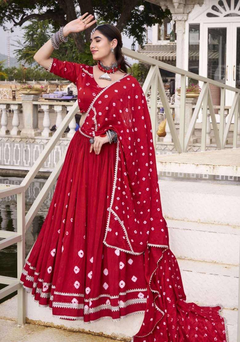 Red Printed Chanderi Lehenga Set - Indya