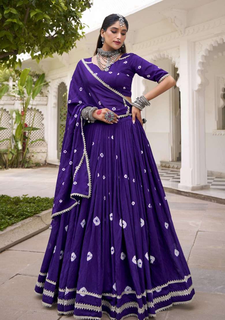 Purple Printed Chanderi Lehenga Set - Indya