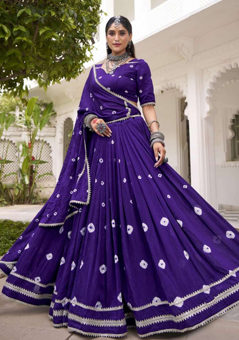 Purple Printed Chanderi Lehenga Set - Indya