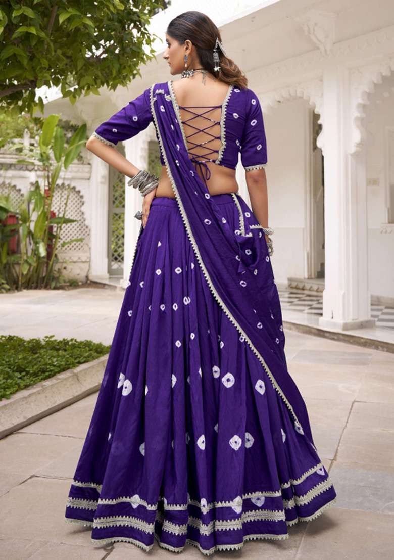 Purple Printed Chanderi Lehenga Set - Indya