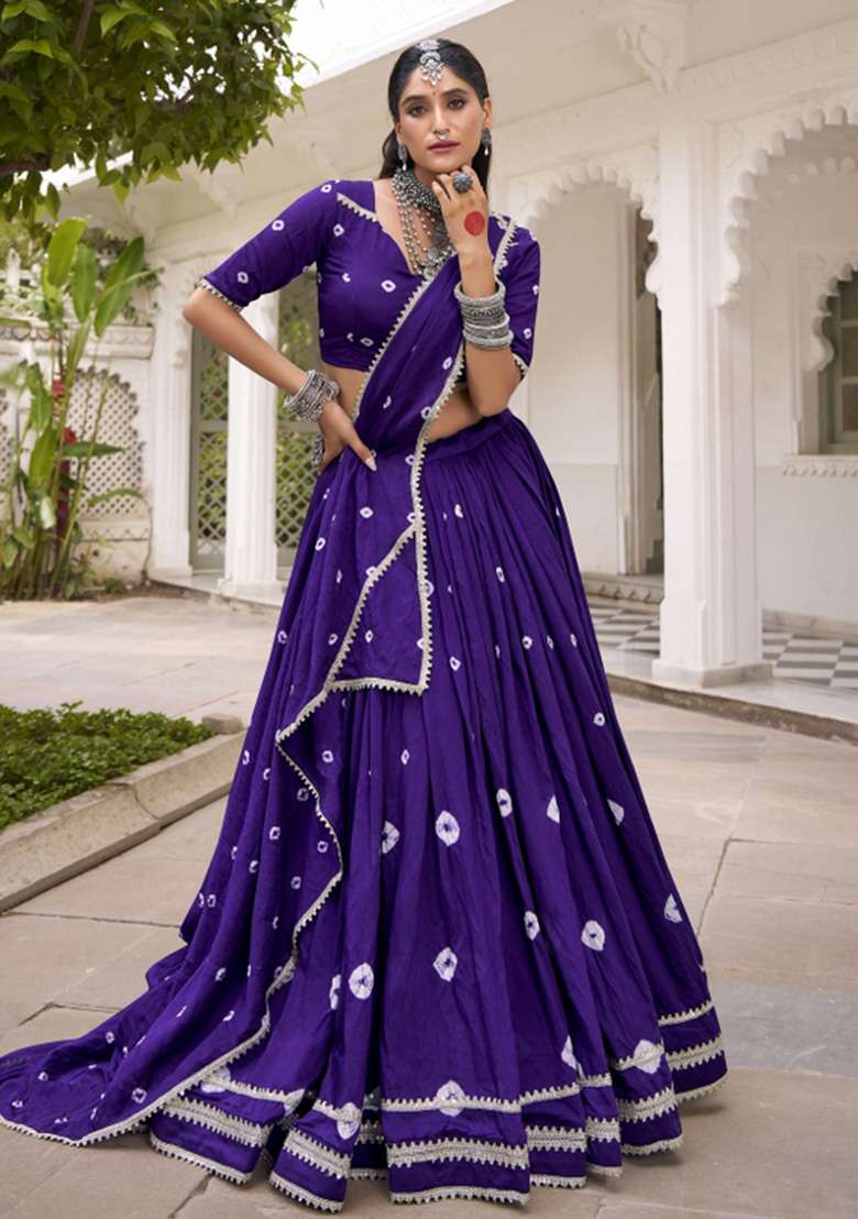 Purple Printed Chanderi Lehenga Set - Indya
