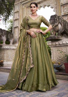 Mehendi Green Embroidered Blended Lehenga Set