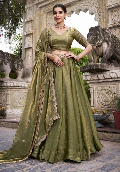 Mehendi Green Embroidered Blended Lehenga Set