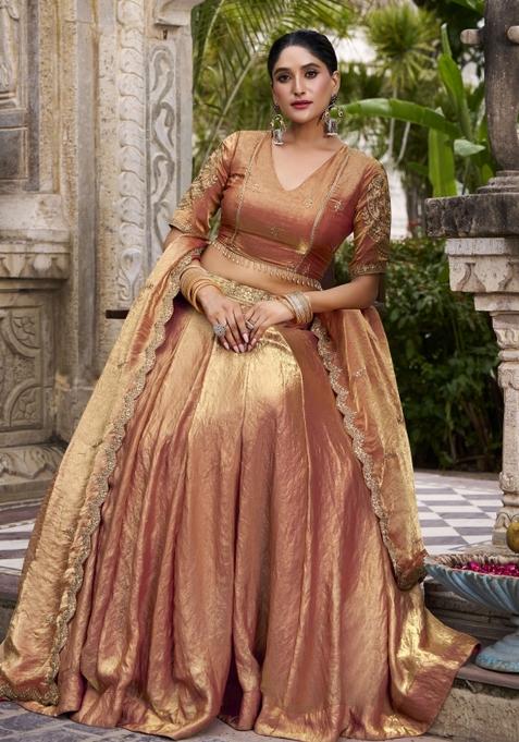 Orange Embroidered Blended Lehenga Set