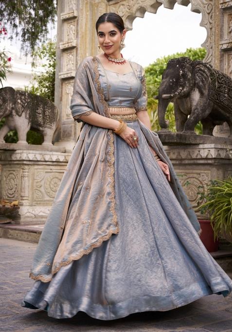 Grey Embroidered Blended Lehenga Set
