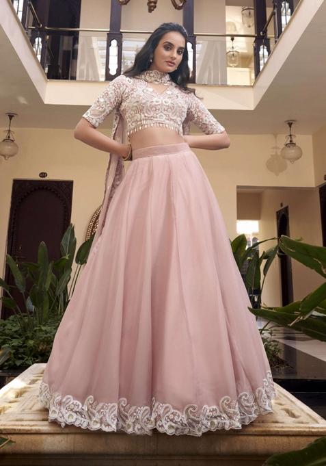Peach Embroidered Silk Lehenga Set