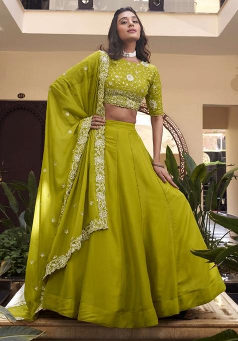 Parrot Green Embroidered Georgette Lehenga Set