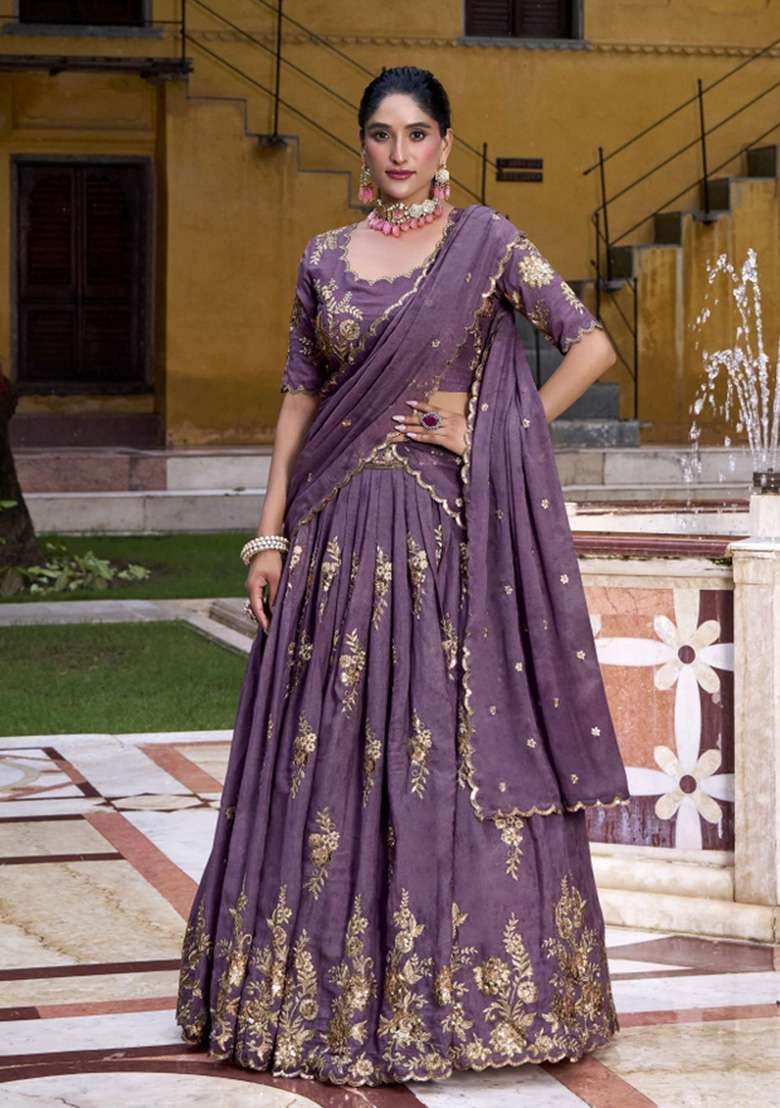 Lavender Embroidered Tissue Lehenga Set - Indya