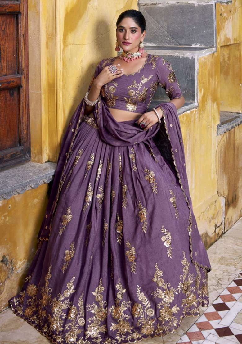 Lavender Embroidered Tissue Lehenga Set - Indya
