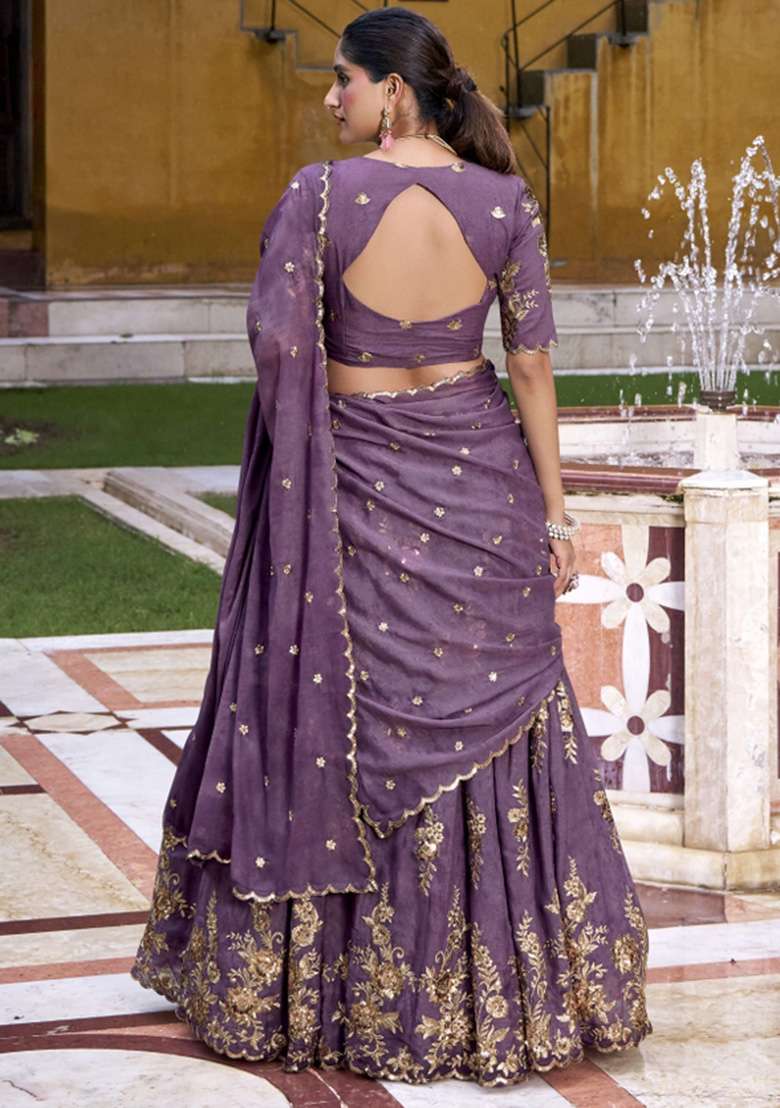 Lavender Embroidered Tissue Lehenga Set - Indya