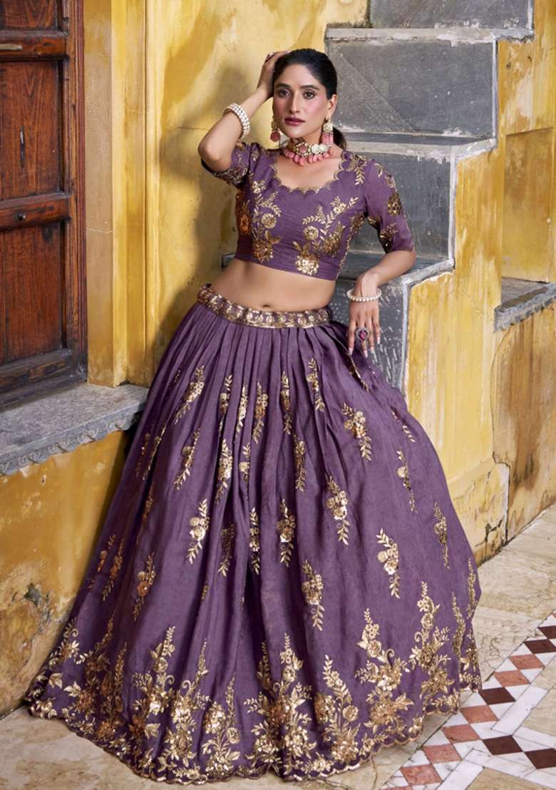 Lavender Embroidered Tissue Lehenga Set - Indya