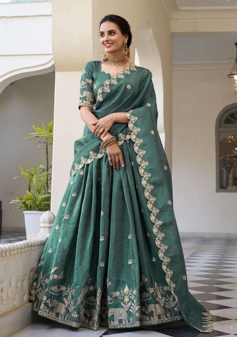 Teal Green Embroidered Tissue Lehenga Set for Diwali and Festive Wear - Indya
