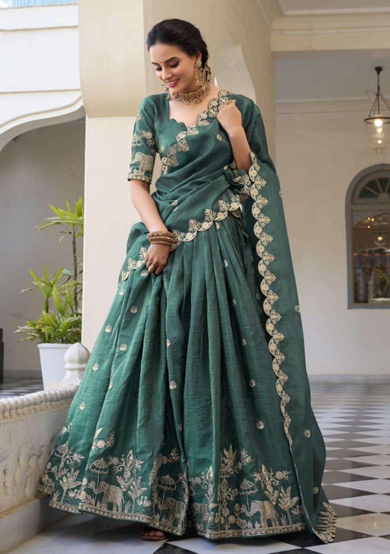 Teal Green Embroidered Tissue Lehenga Set for Diwali and Festive Wear - Indya