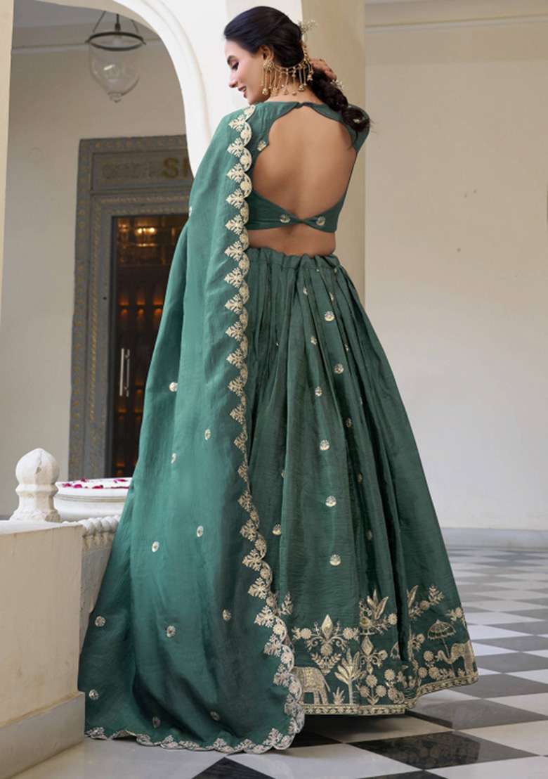 Teal Green Embroidered Tissue Lehenga Set for Diwali and Festive Wear - Indya