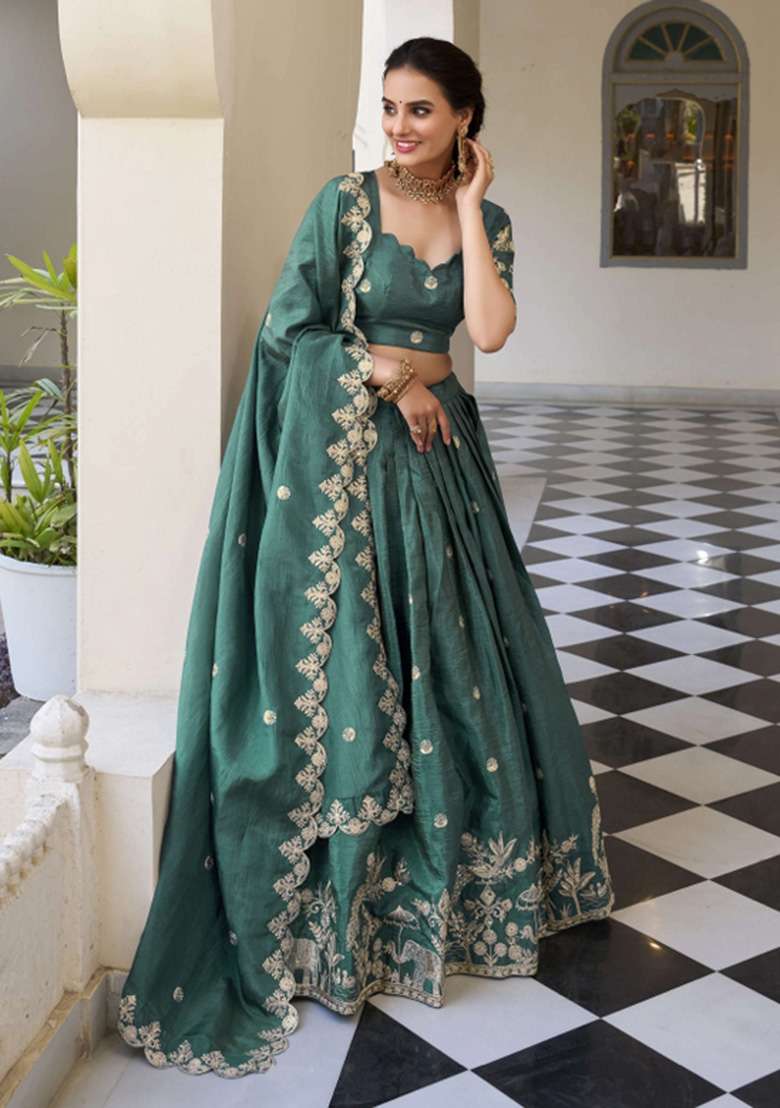 Teal Green Embroidered Tissue Lehenga Set for Diwali and Festive Wear - Indya