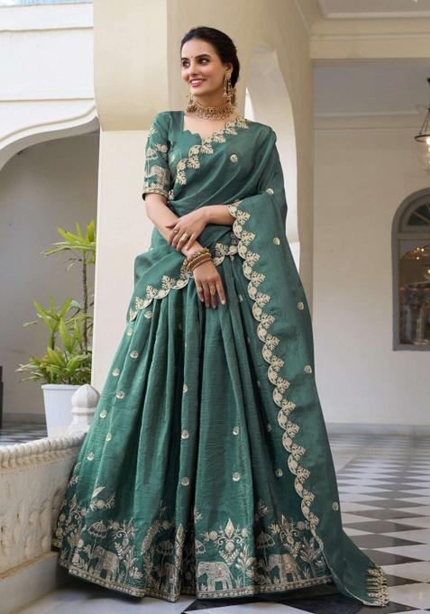 Teal Green Embroidered Tissue Lehenga Set