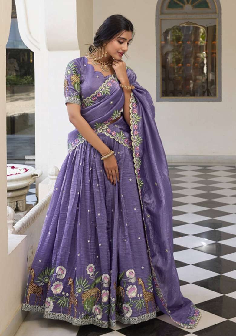 Lavender Tissue Lehenga Set with Embroidered for Diwali | Wedding & Festive Wear - Indya