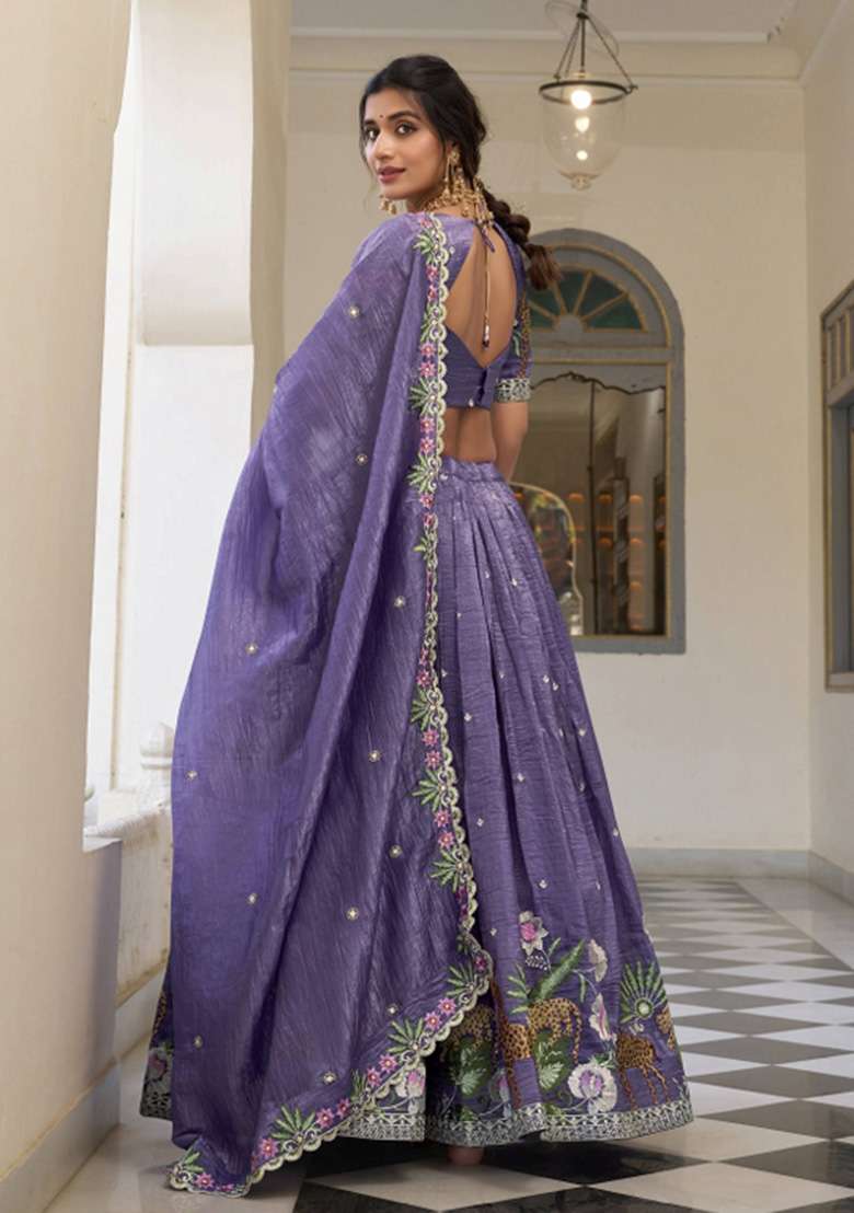 Lavender Tissue Lehenga Set with Embroidered for Diwali | Wedding & Festive Wear - Indya