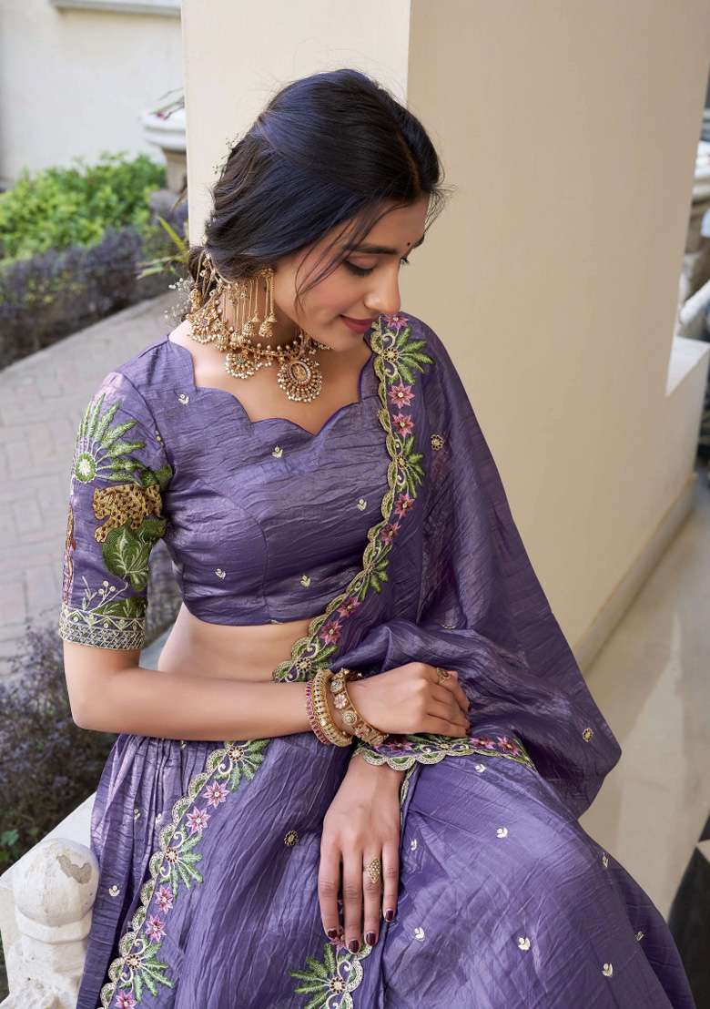 Lavender Tissue Lehenga Set with Embroidered for Diwali | Wedding & Festive Wear - Indya