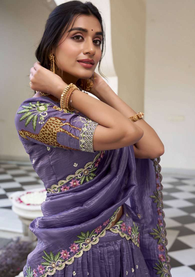 Lavender Tissue Lehenga Set with Embroidered for Diwali | Wedding & Festive Wear - Indya