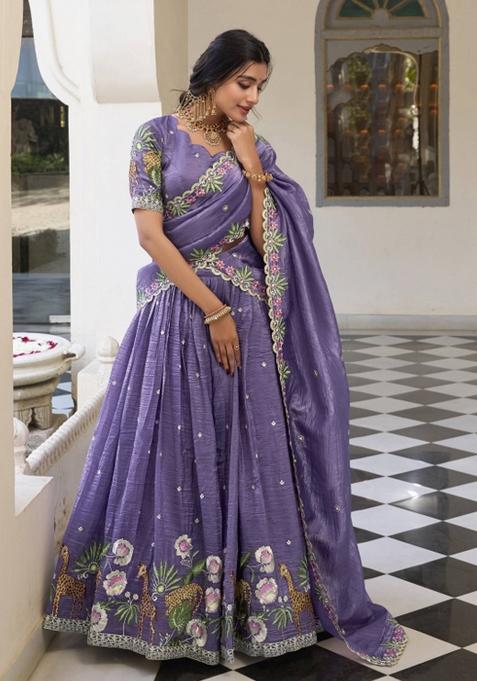 Lavender Embroidered Tissue Lehenga Set