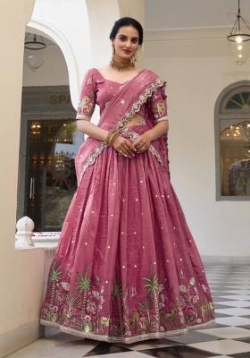 Pink Embroidered Tissue Lehenga Set