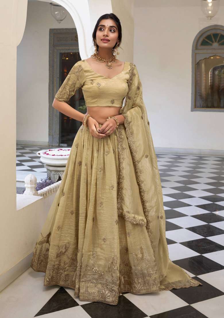 Off White Tissue Lehenga Set with Embroidered for Diwali | Wedding & Festive Wear - Indya