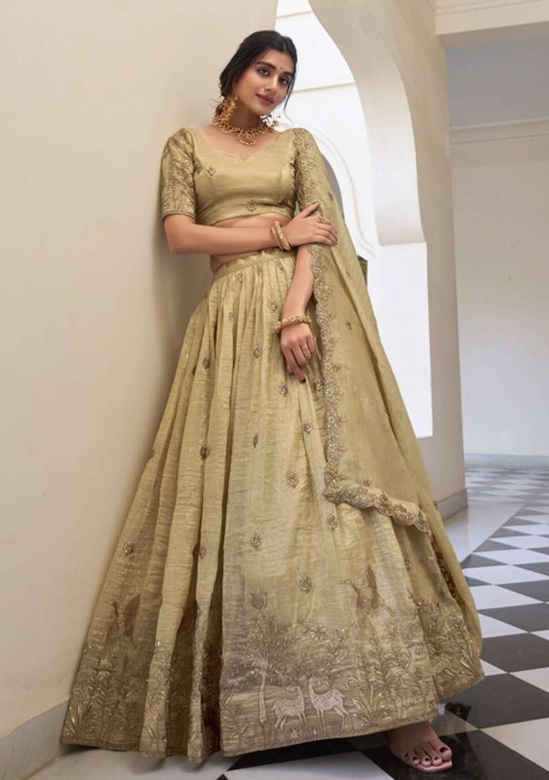 Off White Tissue Lehenga Set with Embroidered for Diwali | Wedding & Festive Wear - Indya