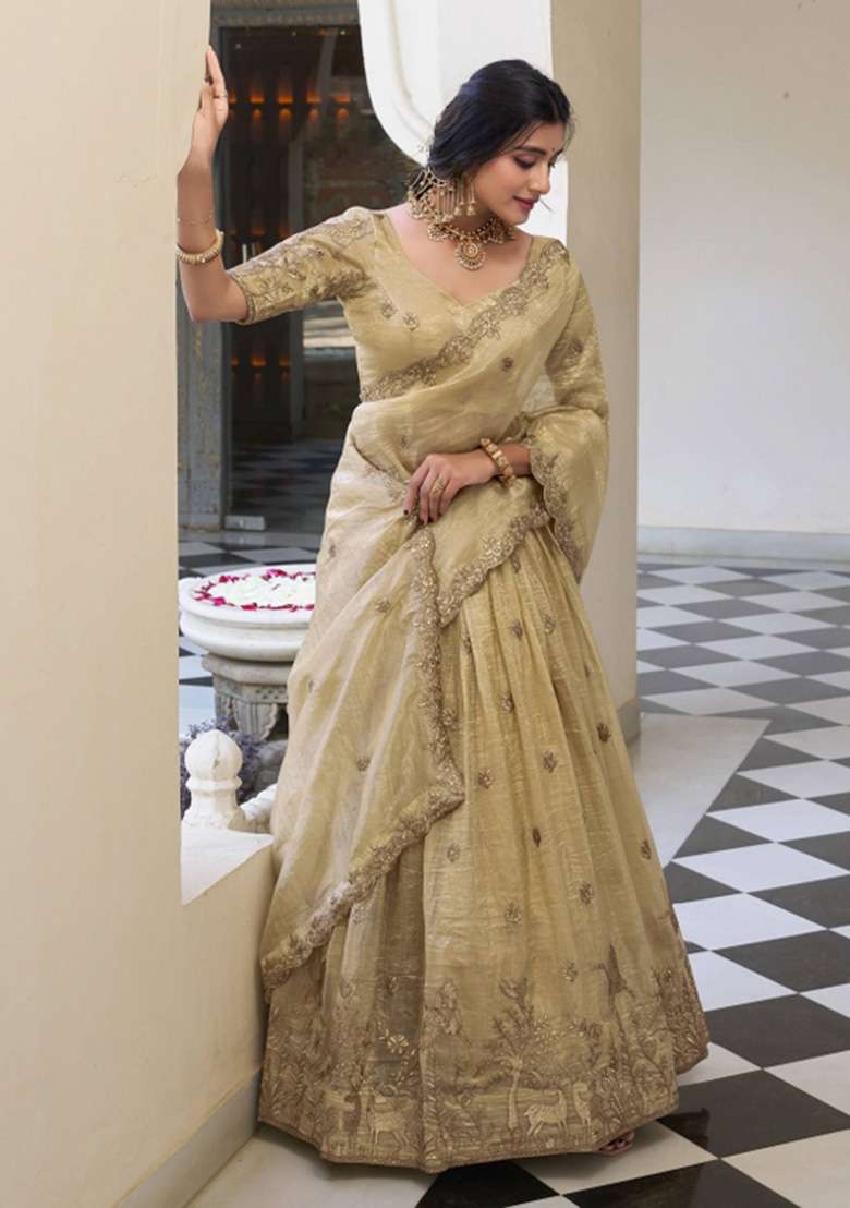 Off White Tissue Lehenga Set with Embroidered for Diwali | Wedding & Festive Wear - Indya