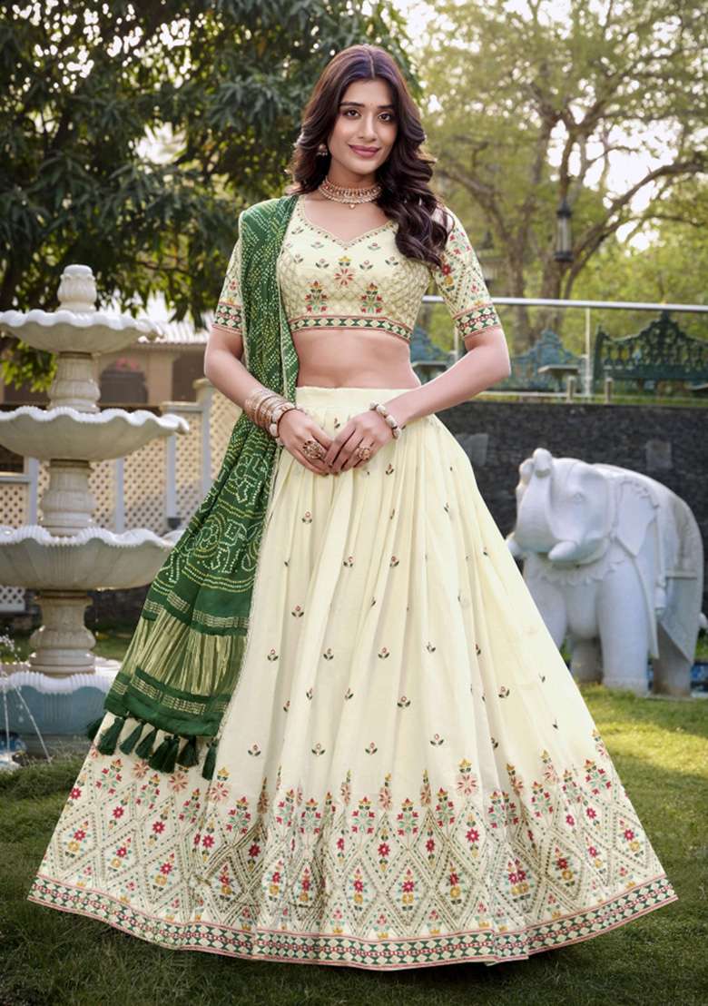 Off White Embroidered Cotton Lehenga Set - Indya