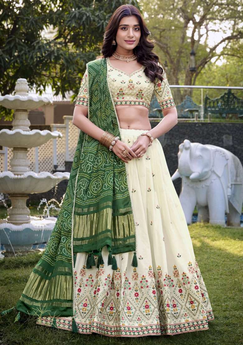 Off White Embroidered Cotton Lehenga Set - Indya