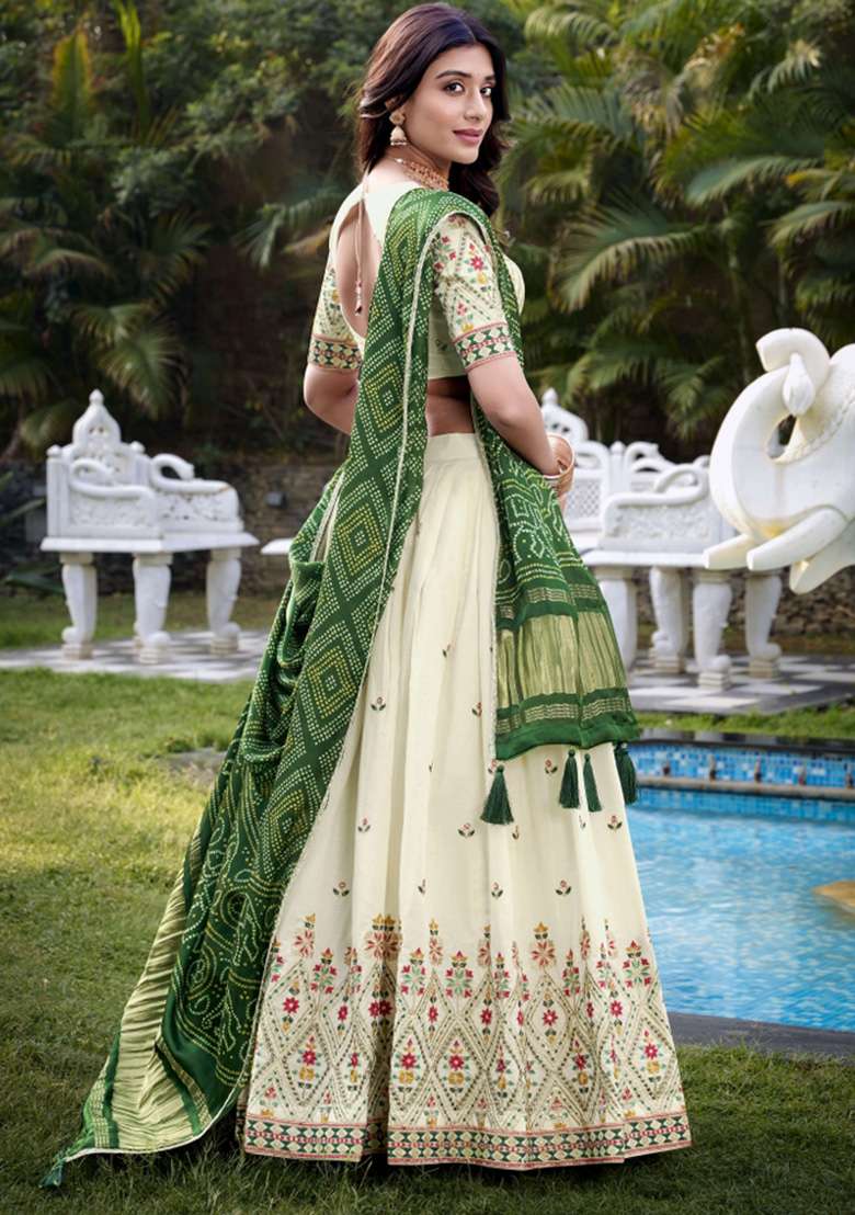Off White Embroidered Cotton Lehenga Set - Indya