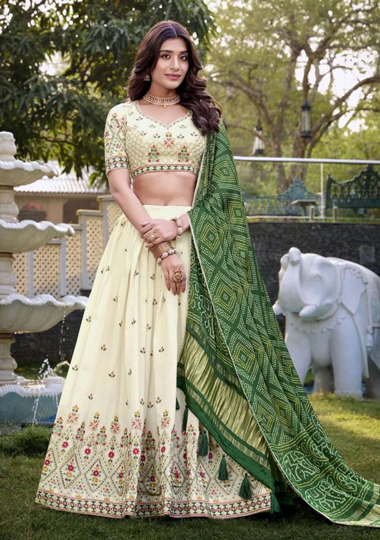 Off White Embroidered Cotton Lehenga Set - Indya