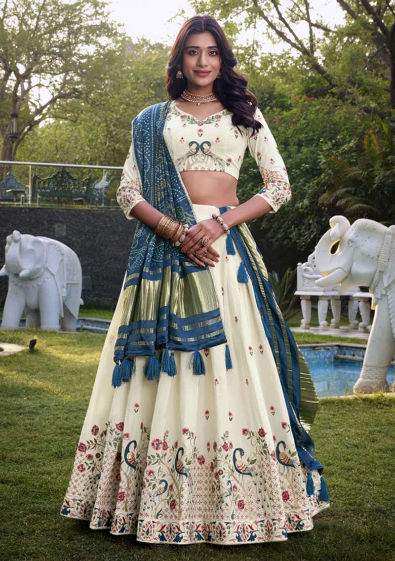 Off White Embroidered Cotton Lehenga Set - Indya