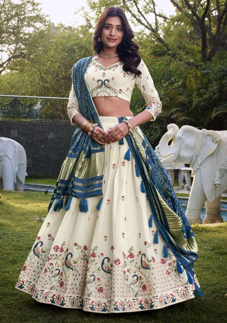 Off White Embroidered Cotton Lehenga Set - Indya