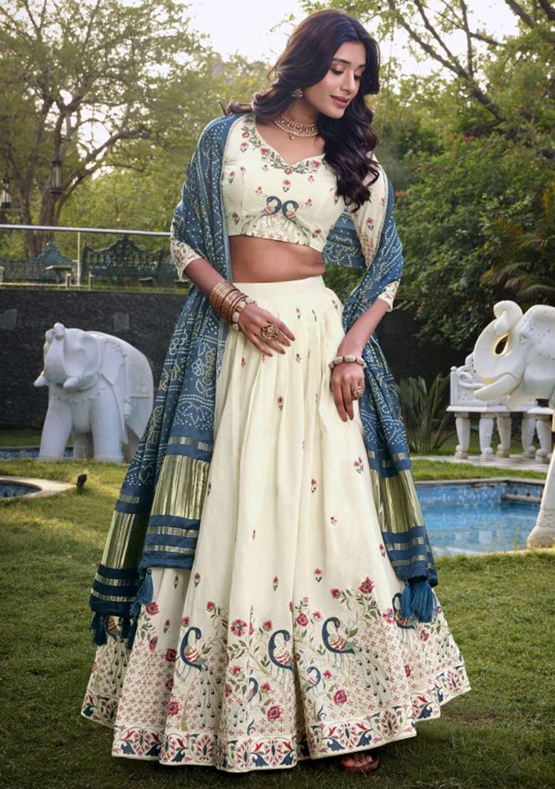 Off White Embroidered Cotton Lehenga Set - Indya