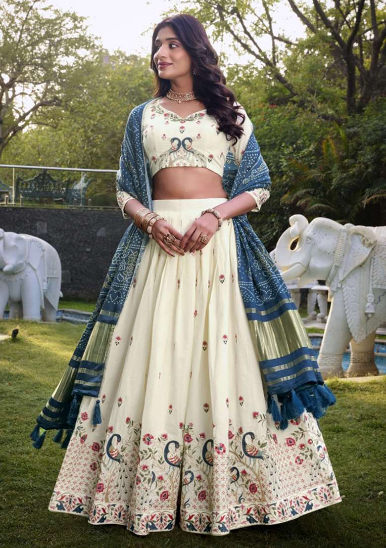 Off White Embroidered Cotton Lehenga Set - Indya