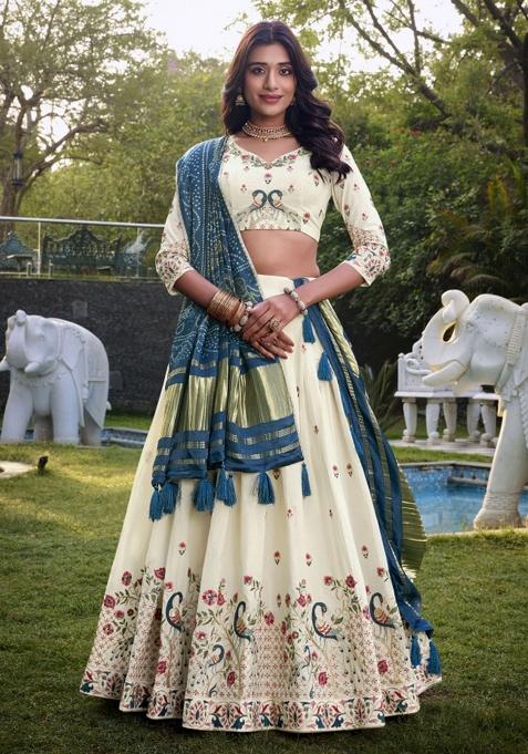 Off White Embroidered Cotton Lehenga Set