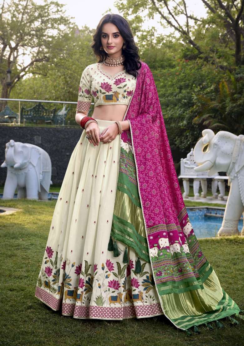 Off White Embroidered Cotton Lehenga Set - Indya