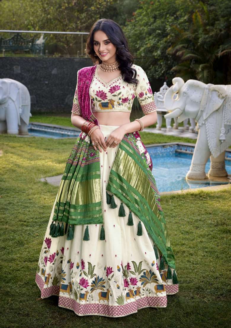 Off White Embroidered Cotton Lehenga Set - Indya