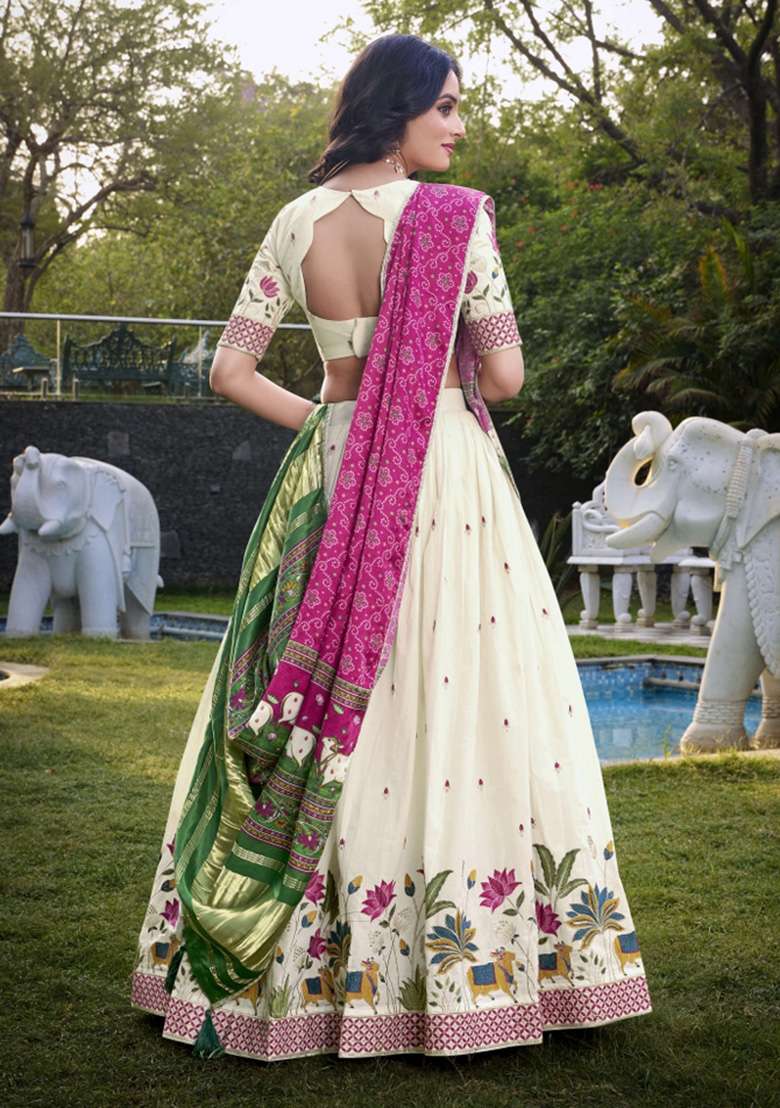 Off White Embroidered Cotton Lehenga Set - Indya