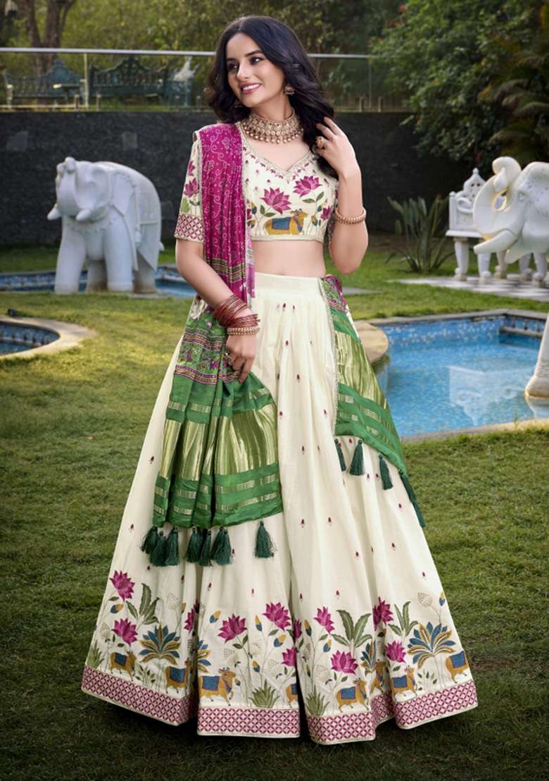 Off White Embroidered Cotton Lehenga Set - Indya