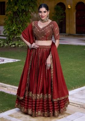 Rust Embroidered Tissue Lehenga Set