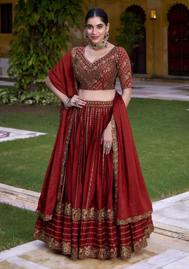 Rust Embroidered Tissue Lehenga Set for Diwali and Festive Wear - Indya